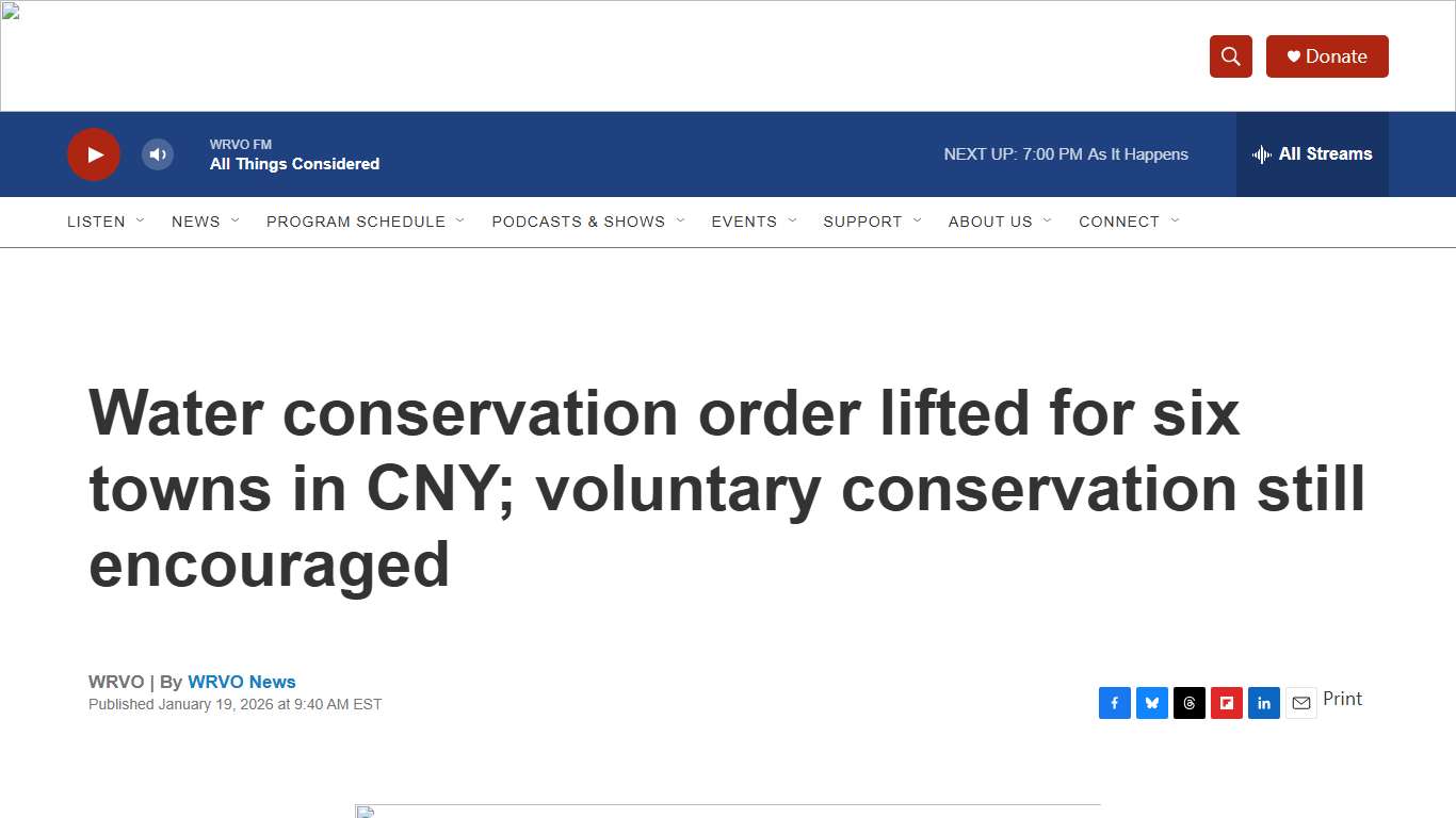 Water conservation order lifted for six towns in CNY; voluntary conservation still encouraged WRVO Public Media